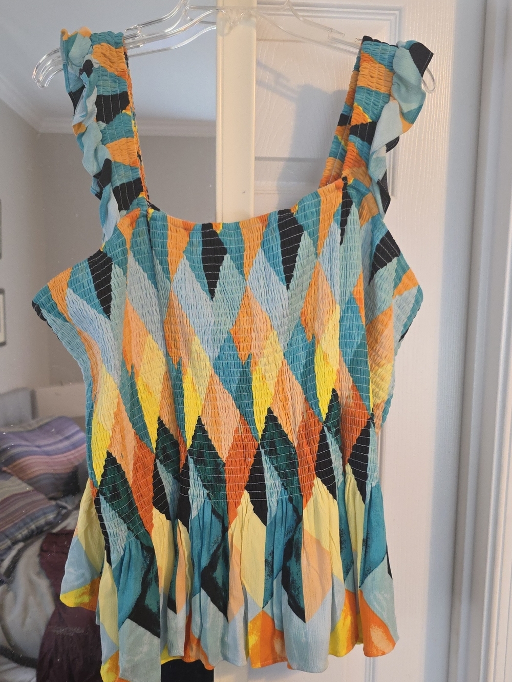 torrid Teal Yellow Orange Smocked Diamond-Print Ruffle Strap Tank